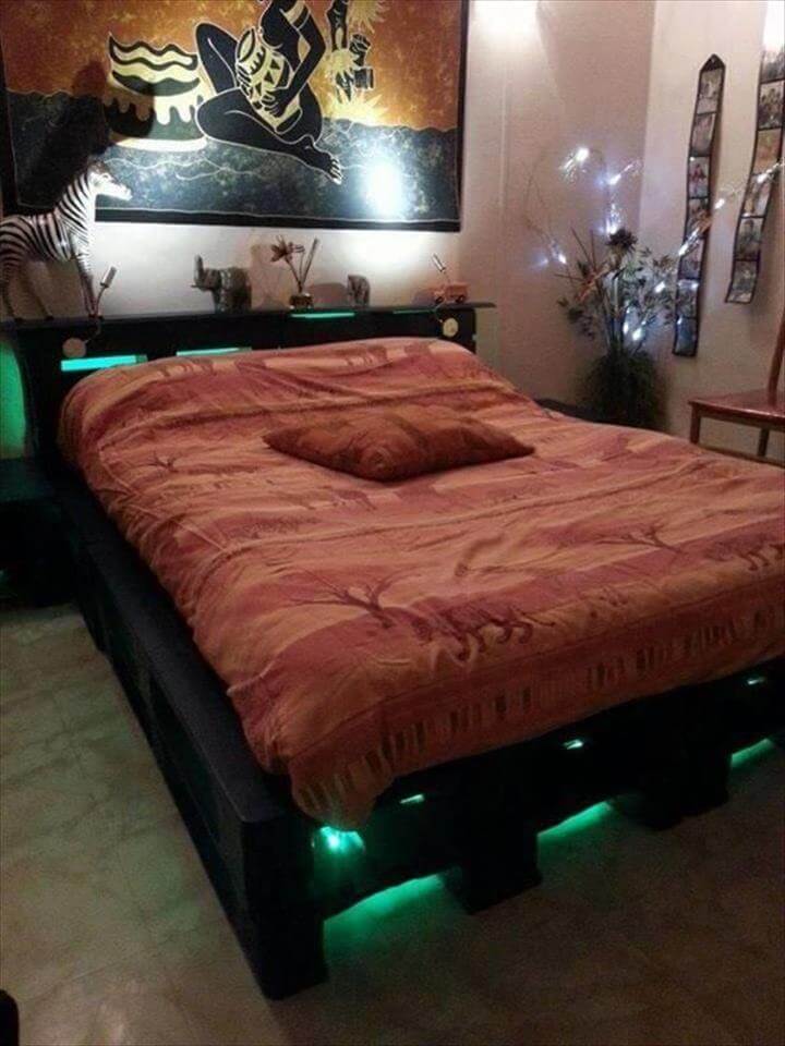  bed with gorgeous green lights diy free pallet platform bed plan