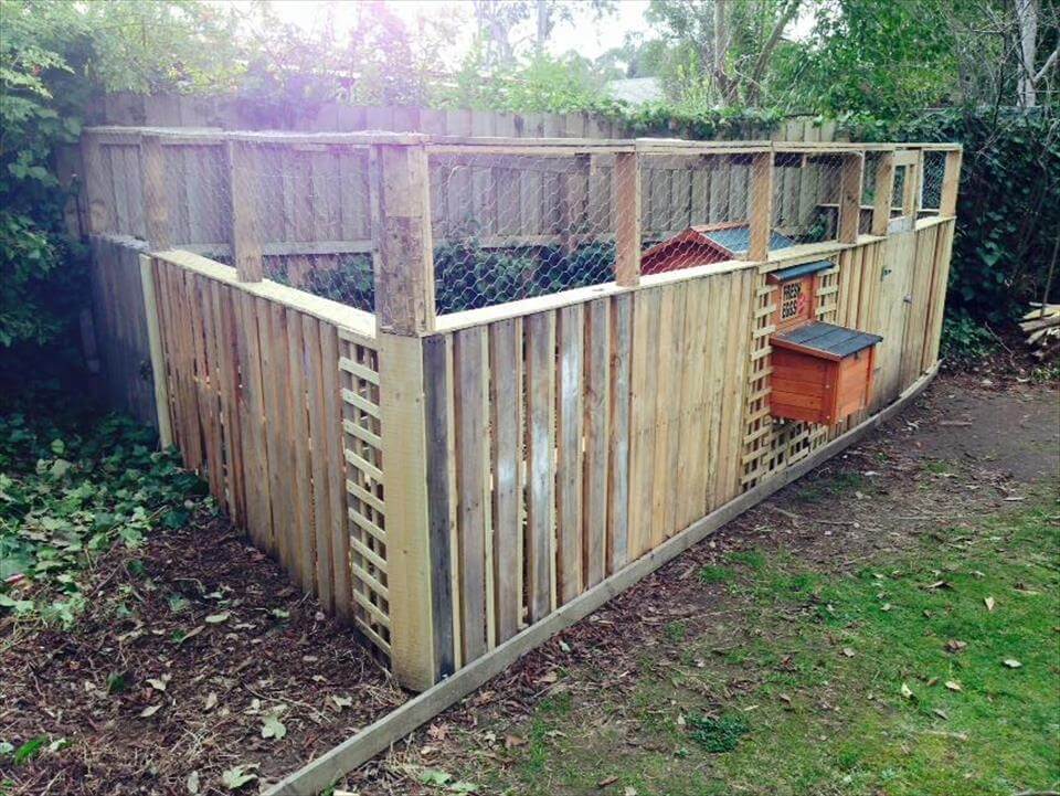 repurposed pallet chicken coop with chicken wire fence